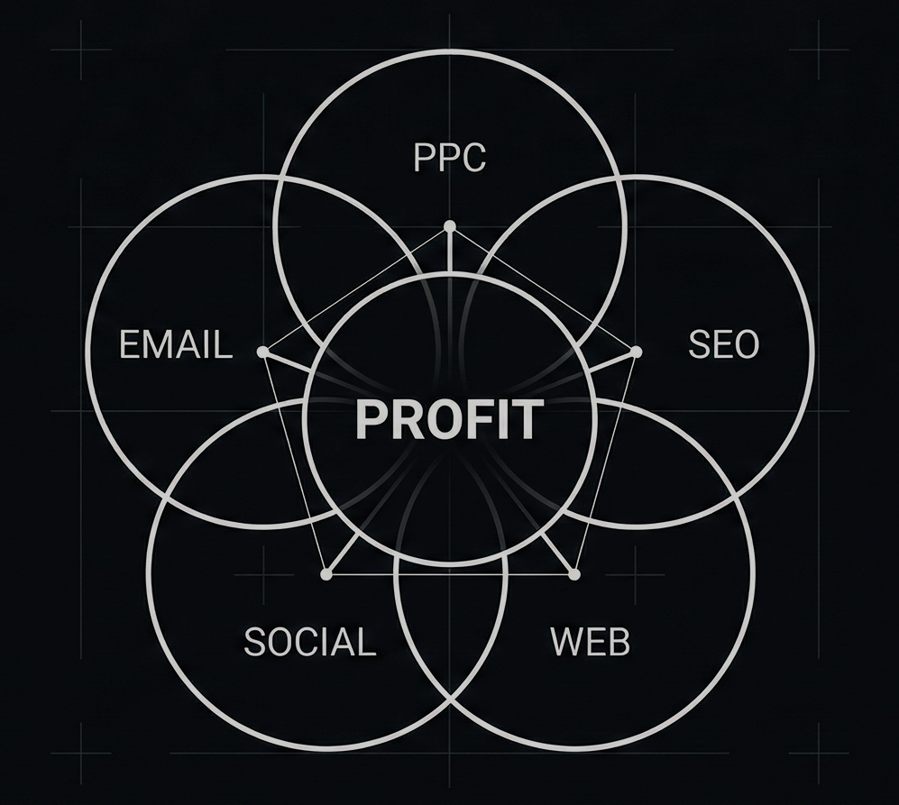 Revenue Infrastructure Diagram showing PPC, SEO, WEB, SOCIAL, EMAIL converging to PROFIT